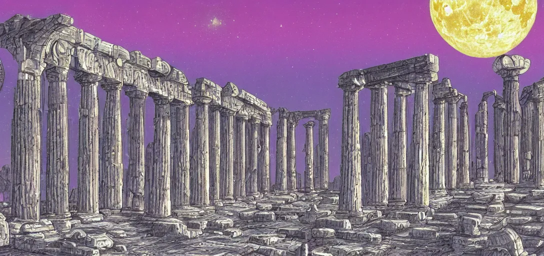 Image similar to The ruins of the Silver Millennium on the moon from Sailor Moon, digital painting, Earth in the distance, Greek-esque columns and ruins