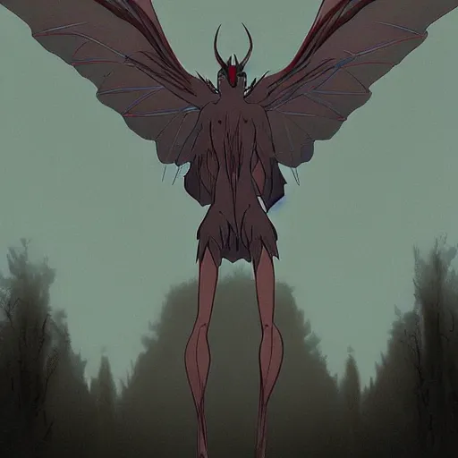Prompt: photo of mothman with giant wings, cel animation by Junji Ito and Satoshi Kon, professionally post-processed , beautiful, scary, symmetry accurate features, epic, octane rendered, anime masterpiece, accurate