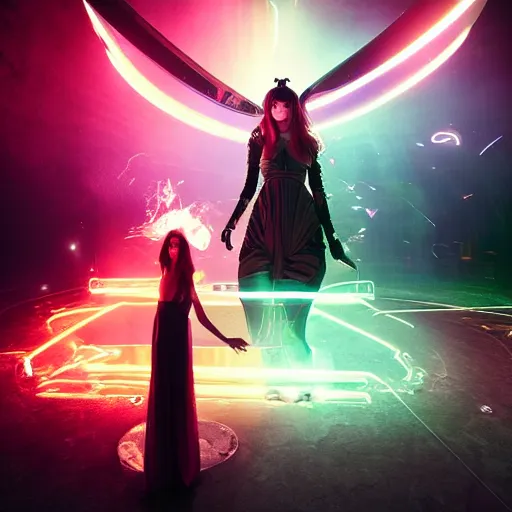 Prompt: a girl like yoona, in a glowing skirt, wearing cybernetic bunny ears, casting fire spell in shape of a butterfly, background cyberpunk spaceship, full shot, photo, geometries, Fibonacci volumetric lighting, epic composition, intricate details, dark neon punk, by denis villeneuve and WLOP