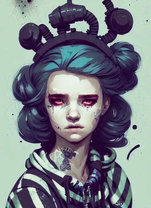 Image similar to highly detailed portrait of a sewer punk lady, tartan hoody, blonde ringlet hair by atey ghailan, by greg rutkowski, by greg tocchini, by james gilleard, by joe fenton, by kaethe butcher, gradient blue, black, blonde cream and white color scheme, grunge aesthetic!!! ( ( graffiti tag wall background ) )