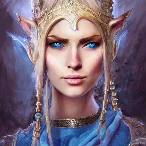 Image similar to a beautiful elven princess with a blond hair and blue eyes, fantasy character portrait by denis sarazhin