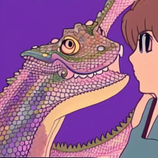 Image similar to beautiful illustration of a bearded dragon looking up lovingly at a young french woman with purple hair. animation frame from the studio ghibli film by miyazaki.