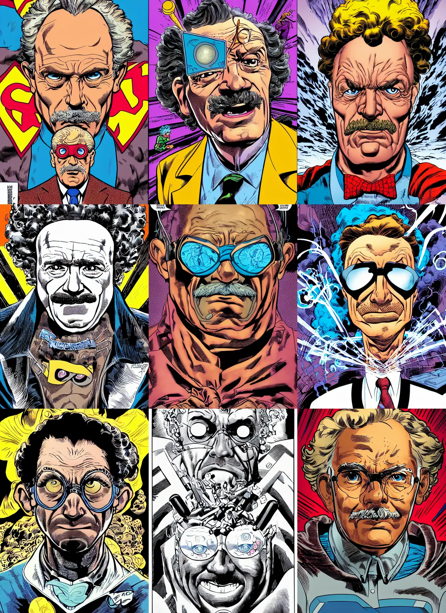 Prompt: dynamic macro head portrait of albert einsteinsuperhero scientist by cory walker and ryan ottley and jack kirby and barry windsor - smith, comic, illustration, photo real