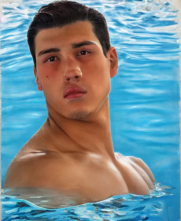 Image similar to portrait of a handsome young tejano swimmer, art by denys tsiperko and bogdan rezunenko, hyperrealism