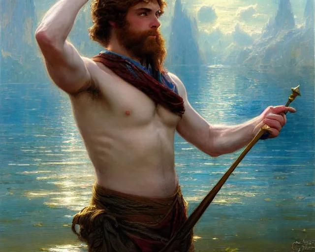 Image similar to attractive male wizard casting powerful water spell in a beautiful lake. highly detailed painting by gaston bussiere, craig mullins, j. c. leyendecker 8 k