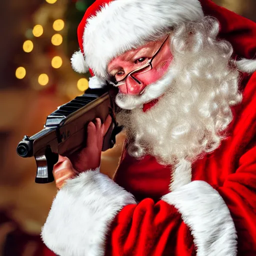 Image similar to santa claus scared, holding a shotgun indoors photorealistic 4 k