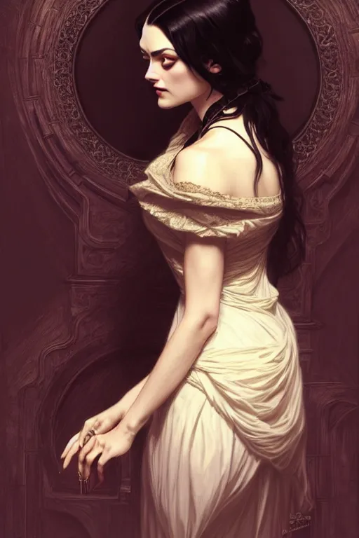 Image similar to Phoebe Tonkin dressed in Victorian fashion with black hair, D&D, fantasy, intricate, elegant, highly detailed, digital painting, artstation, concept art, matte, sharp focus, illustration, art by Artgerm and Greg Rutkowski and Alphonse Mucha