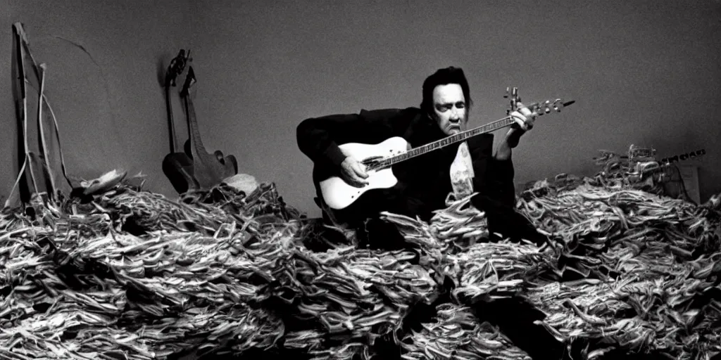 Prompt: Johnny Cash croons snake guitar amidst reels of tape, newspaper clippings and sheathes of wheat, still from the unreleased movie UNLESS YOU HATE BULL RUNS directed by Federico Fellini, hyperreal lifelike cinematography with purple and green atmospheric light and shadow, 35mm film, rendered in octane with snakeoil subsurface scattering