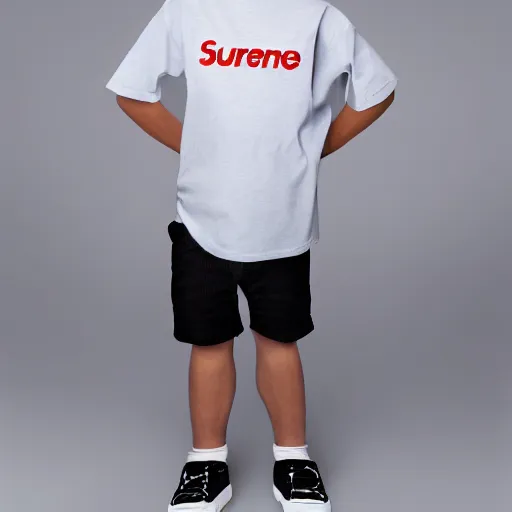 Image similar to short kid wearing a supreme shirt, detailed, studio