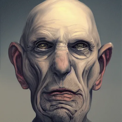 Prompt: eerie portrait of creepy pale old man with fish like facial features, painted, trending on art station, love craftian, dark lighting