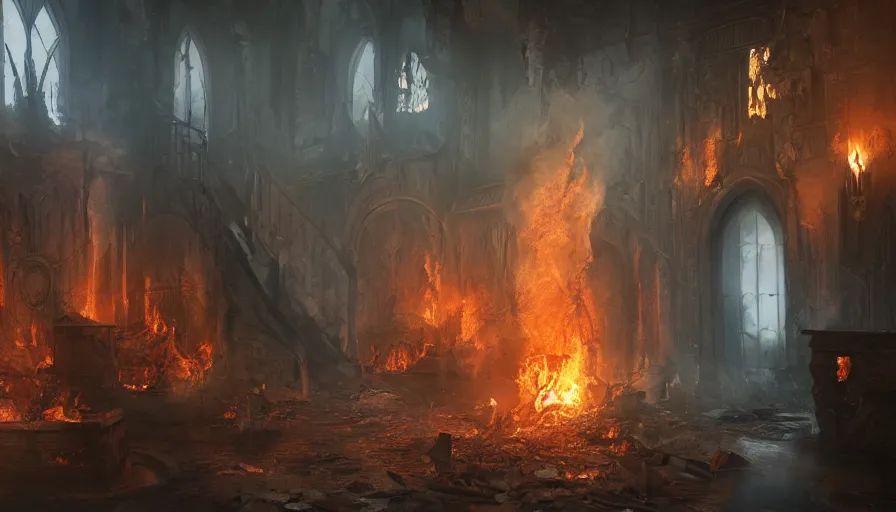 Prompt: Burning entrance hall of a damaged magical castle with fire, ashes and smoke, hyperdetailed, artstation, cgsociety, 8k