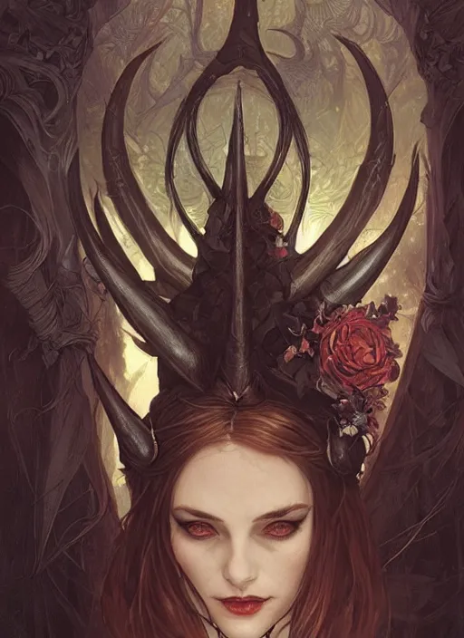 Image similar to a beautiful illustration of a satanic witch with horns in head, intricate, sharp focus, illustration, highly detailed, digital painting, concept art, matte, art by wlop and artgerm and greg rutkowski and alphonse mucha, masterpiece