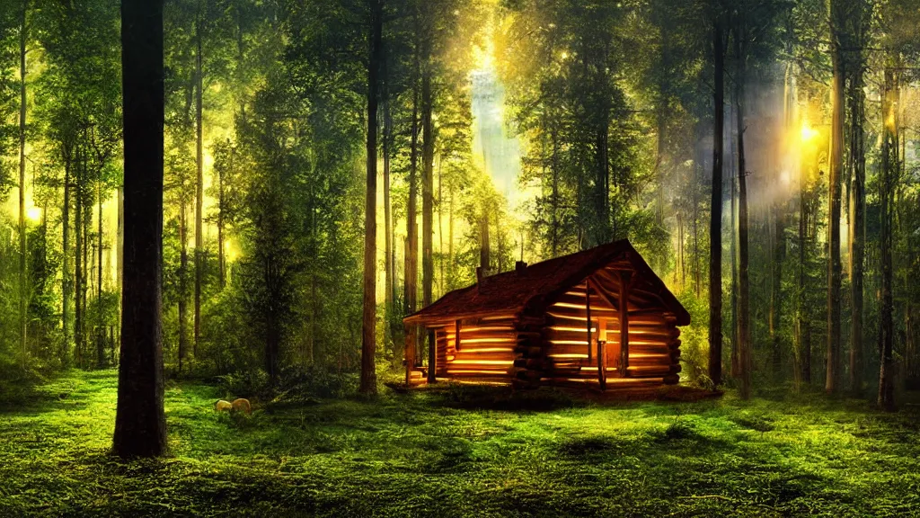 Image similar to portrait of an ethereal log cabin made of golden light, evergreen forest made of green and blue light, divine, cyberspace, mysterious, dark high-contrast concept art