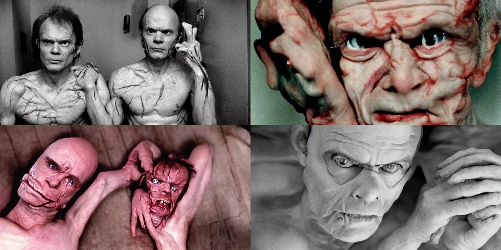 Prompt: kurtwood smith body horror directed by david cronenberg, limb mutations, swollen veins, red flesh strings, cinestill 8 0 0 t, 1 9 8 0 s movie still, film grain