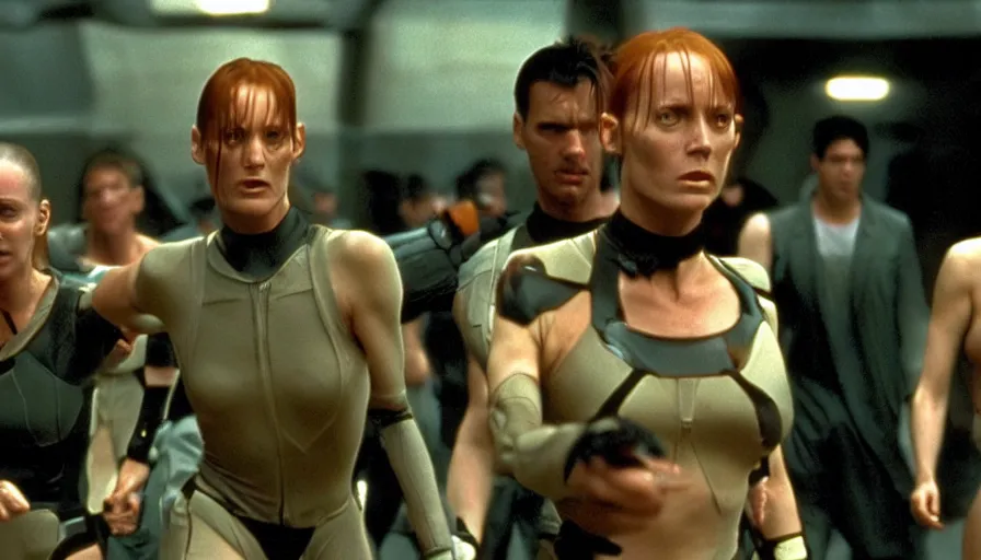 Image similar to The matrix, LeeLoo, Starship Troopers, Clarice Starling, Sprinters in a race with a clear winner, The Olympics footage, intense moment, cinematic stillframe, shot by Roger Deakins, The fifth element, vintage robotics, formula 1, starring Geena Davis, sports photography, clean lighting