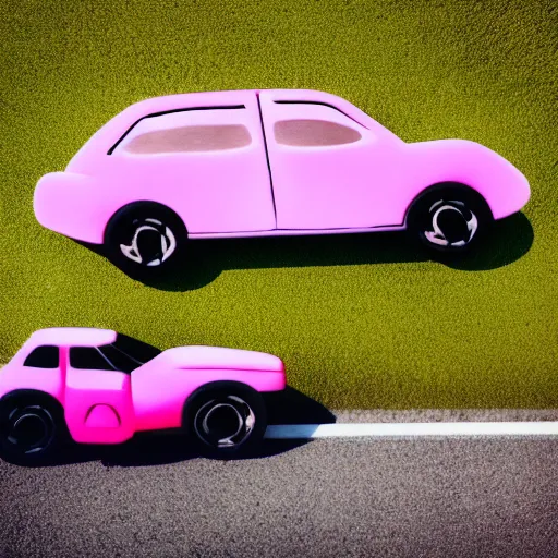 Image similar to a pastel pink car with wings