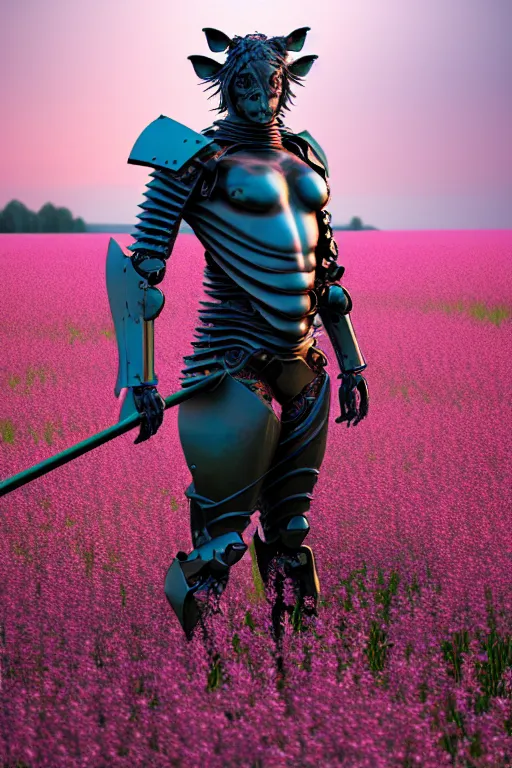 Image similar to hyperrealistic neo - gothic muscular human chimera hybrid, exoskeleton armor, holding katana, standing in a field of pink flowers, highly detailed smooth concept art masterpiece, vitaly bulgarov giger dramatic dark teal light, ground angle hd 8 k, sharp focus