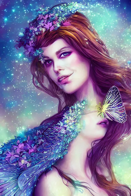 Prompt: wonderdream faeries lady feather wing digital art painting fantasy bloom snyder zack and swanland raymond and pennington bruce illustration character design concept atmospheric lighting butterfly median photoshop face filter