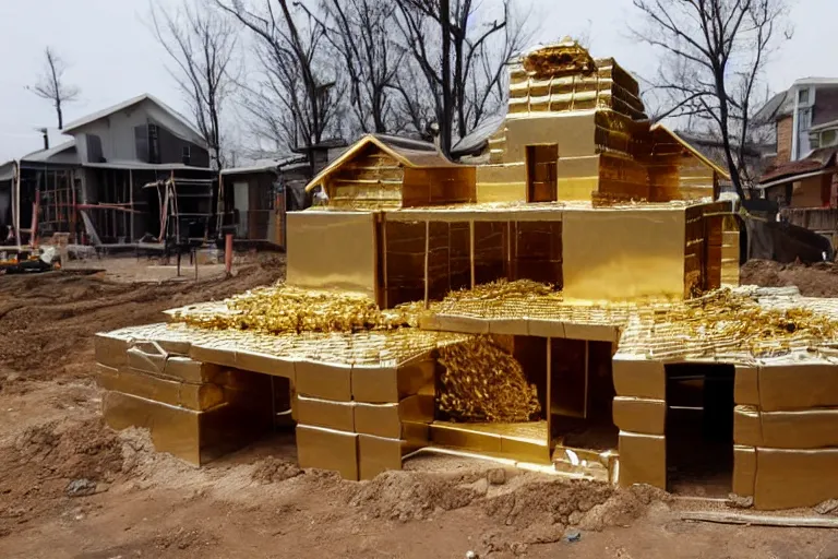 Prompt: a house, under construction, made of dollars, with piles of gold around it