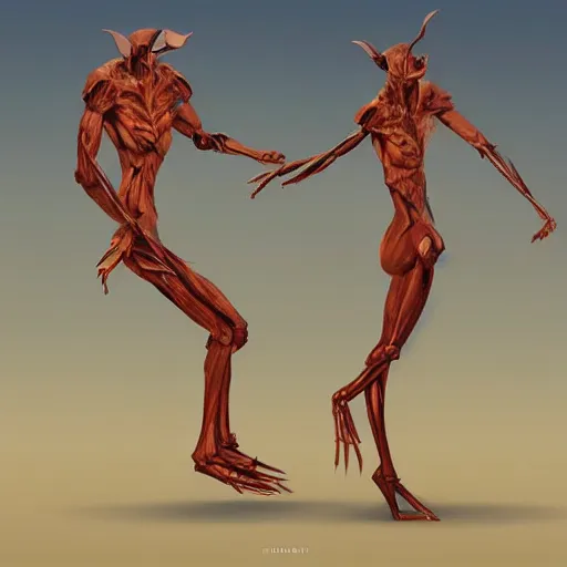 Image similar to Two humanoid creatures fused at the shoulders dancing on their pointy limbs. Award-winning digital art, trending on ArtStation