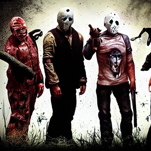 Prompt: photorealistic JasonVoorhees, Freddy Krueger, Leatherface and Ghostface posing for a family picture together