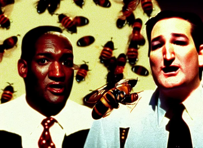 Image similar to film still of ted cruz as the candyman with bees coming out of his mouth in candyman 1 9 9 2