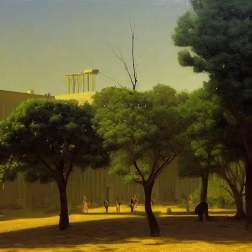 Image similar to a painting of a building with a tree in the foreground, an oil painting by jean - leon gerome, reddit contest winner, american scene painting, oil on canvas, chiaroscuro, panorama