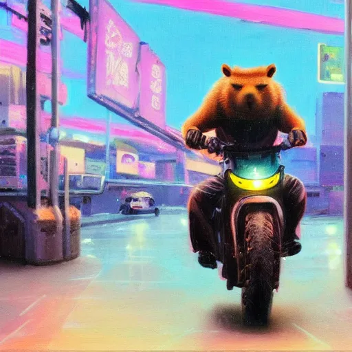 Image similar to capybara, oil painting, cyberpunk synthwave style, riding a motorcycle