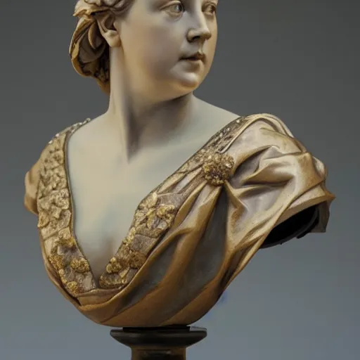 Image similar to beautiful lifelike award winning marble statue bust of queen victoria trending on art station artgerm greg rutkowski alphonse mucha museum quality cinematic atmospheric