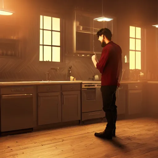 Image similar to man standing in kitchen late at night drinking red wine, realistic artstyle, wide shot, dramatic lighting, octane render, hyperrealistic, high quality, highly detailed, hd, beautiful, cinematic, 8 k, unreal engine, facial accuracy, symmetrical