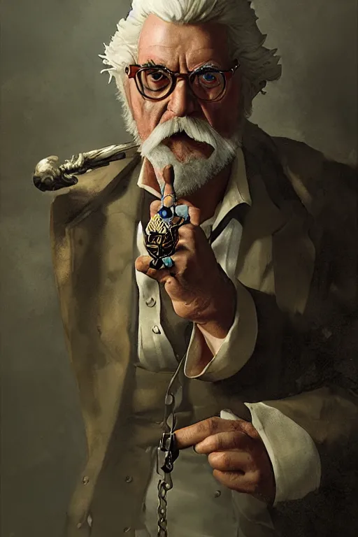 Image similar to colonel sanders, sorcerer, lord of the rings, tattoo, decorated ornaments by carl spitzweg, ismail inceoglu, vdragan bibin, hans thoma, greg rutkowski, alexandros pyromallis, perfect face, fine details, realistic shaded