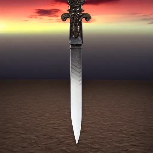 Image similar to a floating sword in front of a sunrise, extremely realistic and beautiful