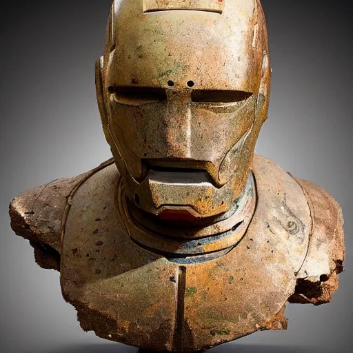 Image similar to an extremely ancient ironman bust that is tarnished and covered in sediment from uncovered earth expedition, rare photograph, smithsonian,