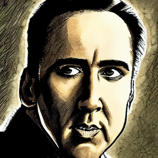 Image similar to nicholas cage as an anthropomorphic pickle, dark-hair, intricate, elegant, highly detailed, smooth, sharp focus, detailed face, high contrast, dramatic lighting, graphic novel, art by Ardian Syaf and Michael Choi