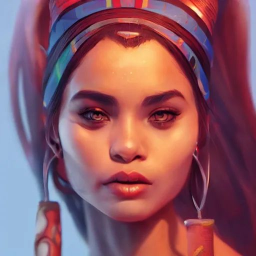 Prompt: scared beautiful female latin tribe member, happy appearance, ioyful vibe and lighting, cgsociety, artstation, in the style of artgerm