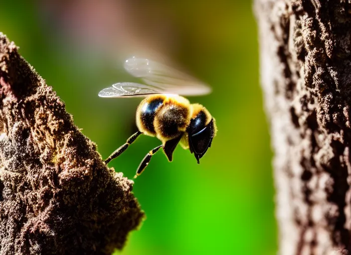 Prompt: super macro of a ronot bee drinking from a flower in the forest. fantasy horror cyberpunk style. highly detailed 8 k. intricate. nikon d 8 5 0 3 0 0 mm. award winning photography.