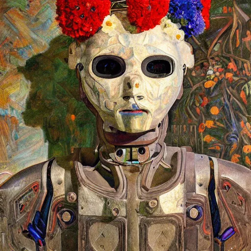 Image similar to a painting of a humanoid robot wearing a mask made of flowers, by annie swynnerton and diego rivera and tino rodriguez, symbolist, dramatic lighting, elaborate geometric ornament, art brut, soft cool colors, smooth, sharp focus, extremely detailed, adolf wolfli