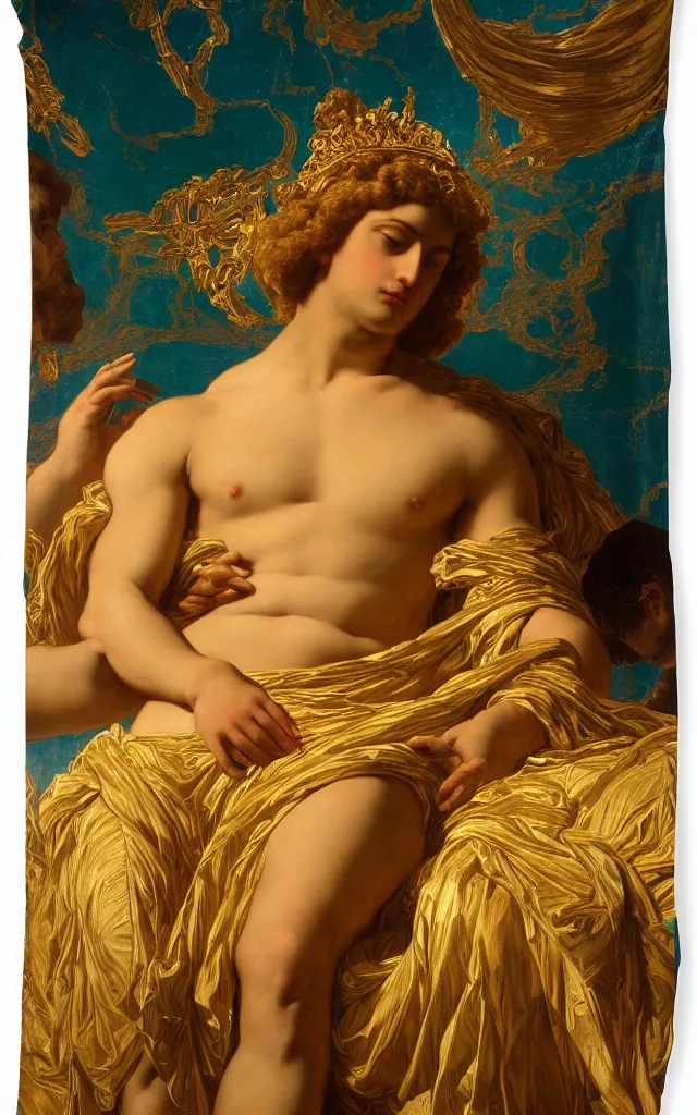 Image similar to a beautifully high detail, intricate, clear detailed portrait of a close up of zeus with an ornate golden teal curtain at beautiful sunset daytime nature sunlit nebula background painting by frederic leighton and rosetti, 8 k