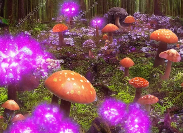 Image similar to glowing delicate flower and mushrooms that grow in fatansy forest on the planet Pandora,