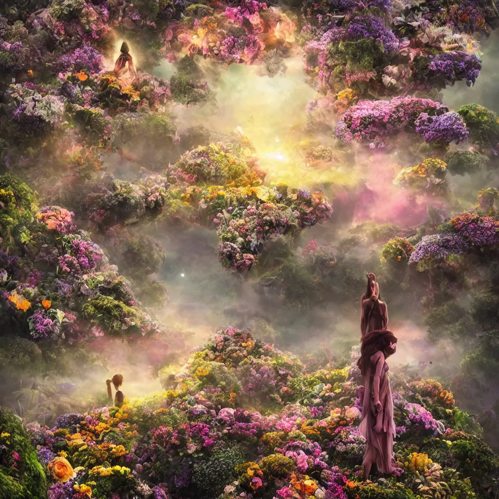 Image similar to a planet of various flowers, fungus and plants, in which the human figure is dressed in something magical and impressive, inside the picture is infinity, sunset light, Atmospheric phenomenon, artistic photography, muted colors, conceptual, long exposure outside the city