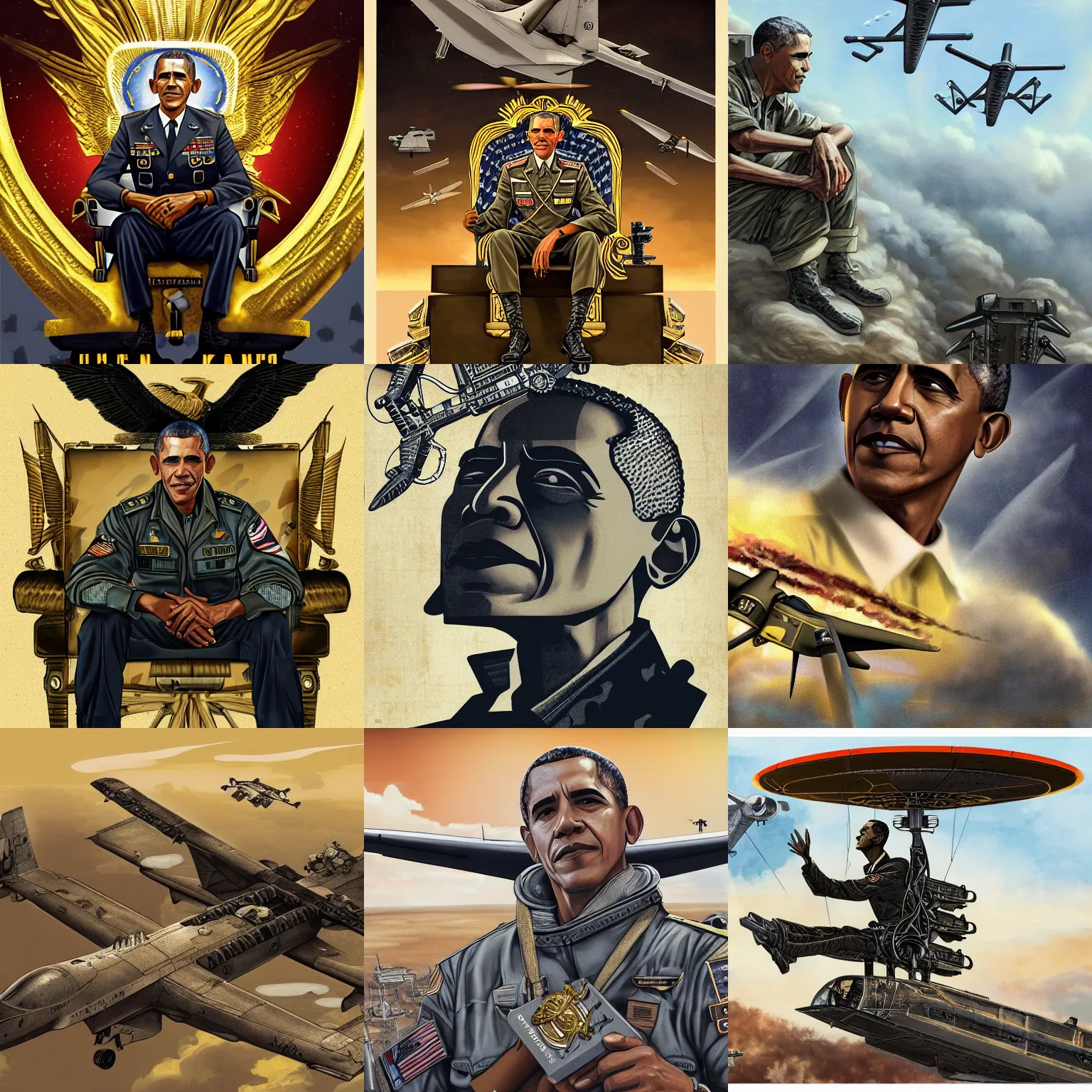 Prompt: vintage military illustration of Barack Obama (played by Barack Obama) The Drone King sitting in the sky on a golden throne with MQ-1 Predator Drones (military) flying out from under it, intricate details, Key Art, award winning, Artstation, sharp, Hyperdetailed, 8k resolution.