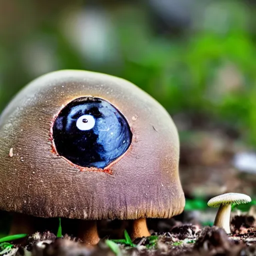 Image similar to macro photo with a mushroom character with cute eyes and mycelium, very close to real nature, natural colors and natural surroundings, painted patterns and coloring on mushrooms, 8K, highly detailed