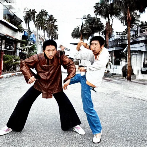 Prompt: Japanese man in brown leather jacket and denim jeans, kung fu fighting street punks to save his girlfriend along seaside with palm trees covered in Christmas lights, afternoon, Okinawa, 1987 photograph