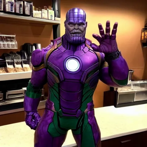 Image similar to thanos as a starbucks barista, serving iron man