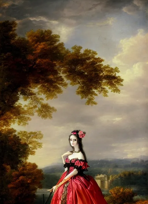 Image similar to gothic princess in baroque dress in a scenic environment. by * * henriette ronner * *