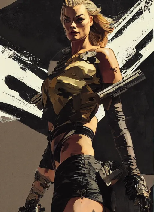 Image similar to Margot Robbie wearing metal gear armor holding gun dramatic lighting art by Richard Schmid by Hokusai by Yoji Shinkawa by greg rutkowski by Sandra Chevrier cinematic dramatic