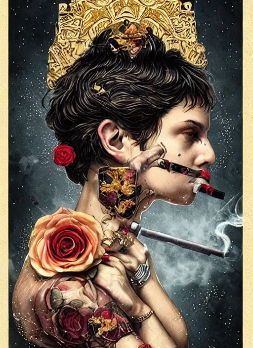 Image similar to tarot card :: horror :: hearts and roses :: cigarettes and smoke :: gold and silver :: guns and swords :: side profile :: highly details :: intricate details :: Sandra Chevrier and bastien lecouffe deharme