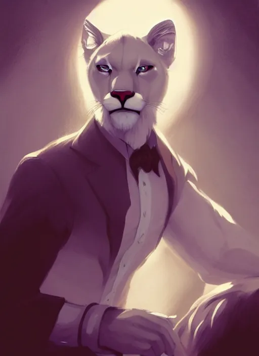 Image similar to beautiful portrait commission of a male furry anthro albino mountain lion wearing a white dress shirt in an old-timey Saloon. Atmospheric. Character design by charlie bowater, ross tran, artgerm, and makoto shinkai, detailed, inked, western comic book art