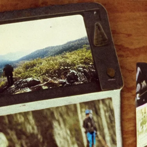 Prompt: a screen capture of found footage video left behind by a missing hiker in 1 9 8 6