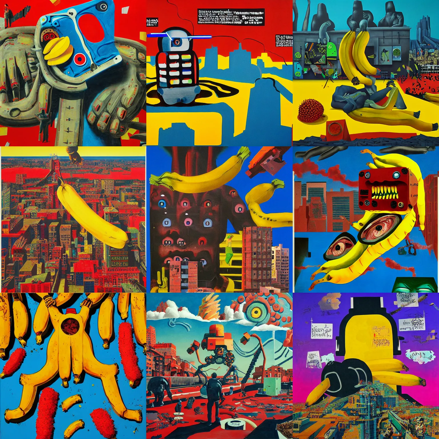 Prompt: giant robot slips on a banana, surrealist painting, dystopian art, poster art by david wojnarowicz, stuart davis